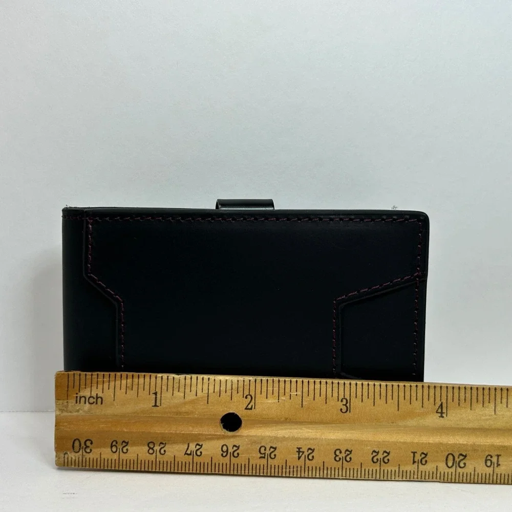 Aspiro Mens Black Leather Bifold Wallet Burgundy Stitching Metal‎ Money Clip Box